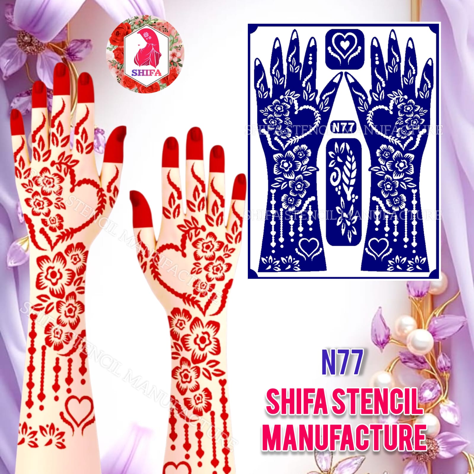 N77 Romantic Garden Henna Pattern Double Hand Henna Stencil - Shifa Stencil